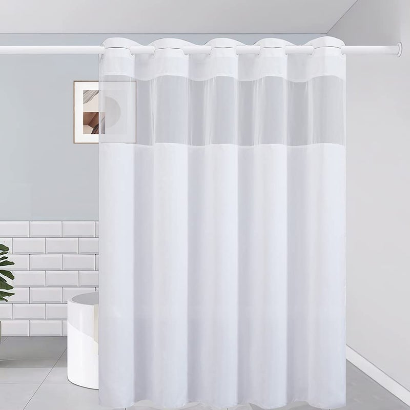 Furlinic Extra Long No Hook Shower Curtain,Polyester Fabric Bathroom Curtains with Mesh Top Window,Waterproof & Mahcine Washable,White,78x96 Inch - Image 1
